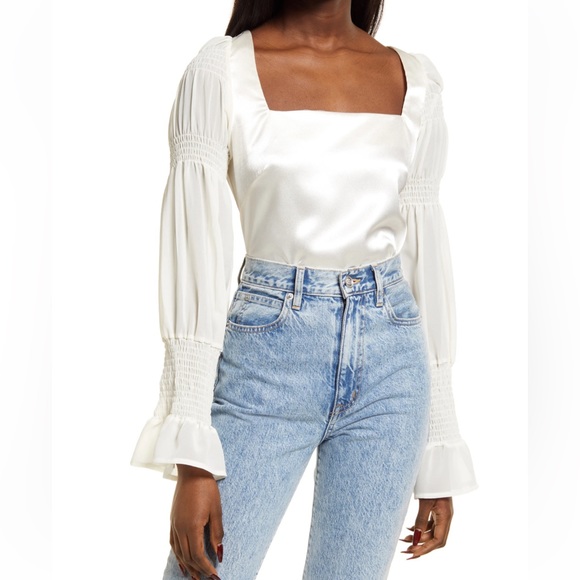 LULUS Style Streak ivory satin square neck tie-back long sleeve top. NWT Size S. - Picture 1 of 13